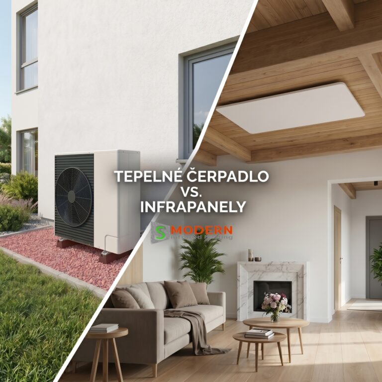 Tepelné čerpadlo vs. infrapanely: Reálne porovnanie nákladov a návratnosti. Vizuálne porovnanie – vľavo vonkajšia jednotka tepelného čerpadla na fasáde, vpravo moderné stropné infravykurovanie SMODERN® sálajúce teplo.